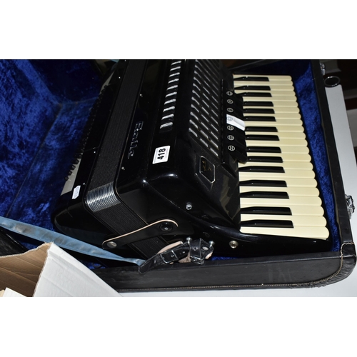 418 - A CASED BAILE ACCORDION, in gloss black, with eighty buttons, thirty seven keys and seven tone switc... 