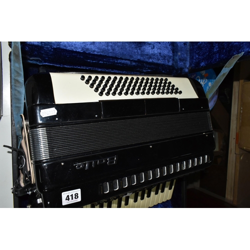 418 - A CASED BAILE ACCORDION, in gloss black, with eighty buttons, thirty seven keys and seven tone switc... 