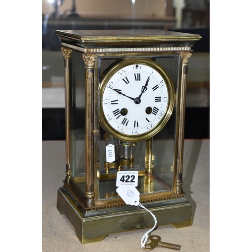 422 - A BRASS FOUR GLASS MANTEL CLOCK, with mercury pendulum, enamel dial with Roman numerals and Arabic f... 