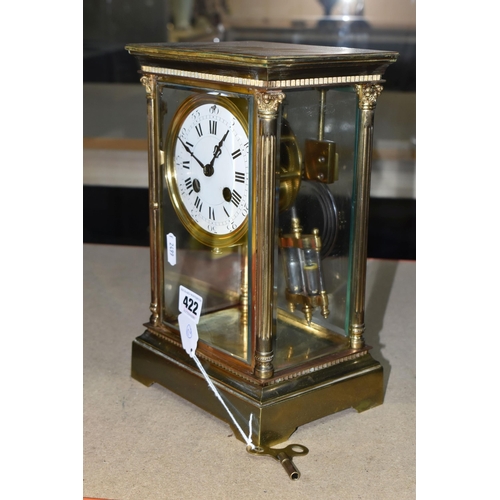 422 - A BRASS FOUR GLASS MANTEL CLOCK, with mercury pendulum, enamel dial with Roman numerals and Arabic f... 