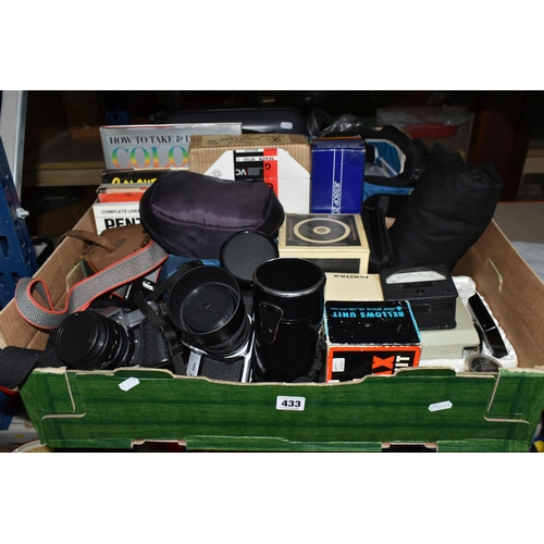 433 - TWO BOXES OF CAMERAS AND PHOTOGRAPHIC EQUIPMENT, to include a Pentax K1000 SE 35mm camera, fitted wi... 