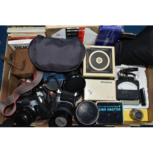 433 - TWO BOXES OF CAMERAS AND PHOTOGRAPHIC EQUIPMENT, to include a Pentax K1000 SE 35mm camera, fitted wi... 