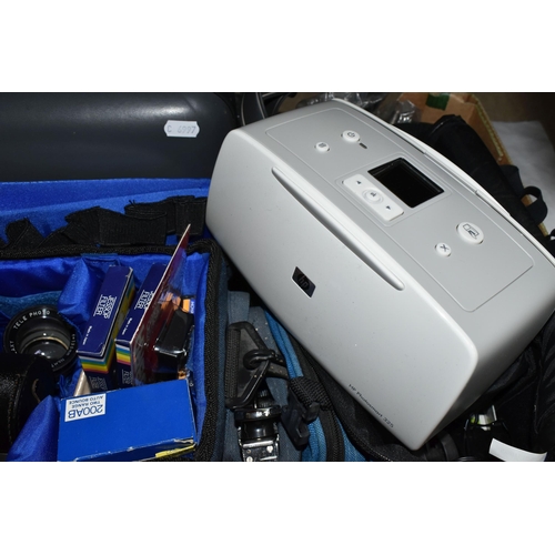 433 - TWO BOXES OF CAMERAS AND PHOTOGRAPHIC EQUIPMENT, to include a Pentax K1000 SE 35mm camera, fitted wi... 