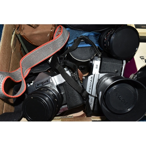 433 - TWO BOXES OF CAMERAS AND PHOTOGRAPHIC EQUIPMENT, to include a Pentax K1000 SE 35mm camera, fitted wi... 