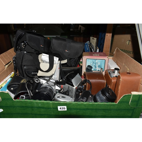 435 - TWO BOXES OF CAMERAS AND PHOTOGRAPHIC EQUIPMENT, to include a Canon EOS 500N 35mm camera fitted with... 