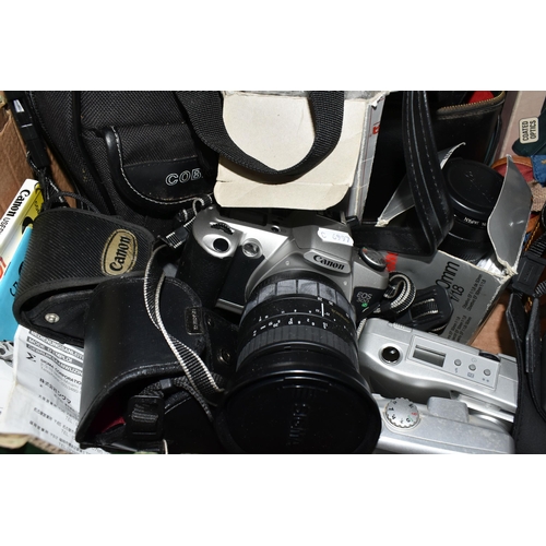 435 - TWO BOXES OF CAMERAS AND PHOTOGRAPHIC EQUIPMENT, to include a Canon EOS 500N 35mm camera fitted with... 