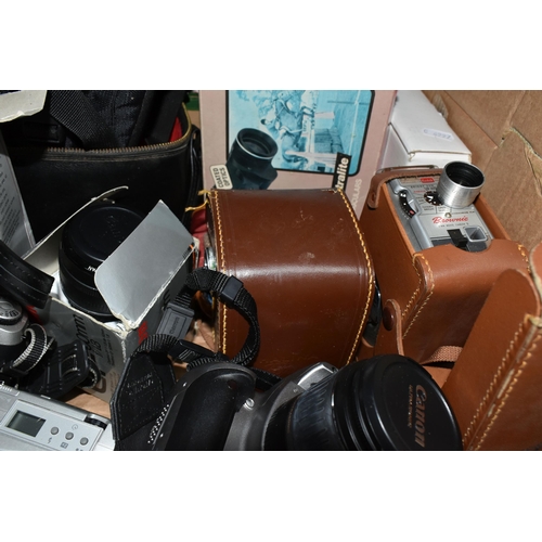 435 - TWO BOXES OF CAMERAS AND PHOTOGRAPHIC EQUIPMENT, to include a Canon EOS 500N 35mm camera fitted with... 