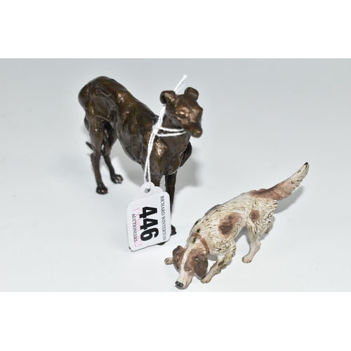 446 - TWO SMALL BRONZE FIGURES OF DOGS, comprising a bronze sculpture of a standing greyhound, height 9cm ... 