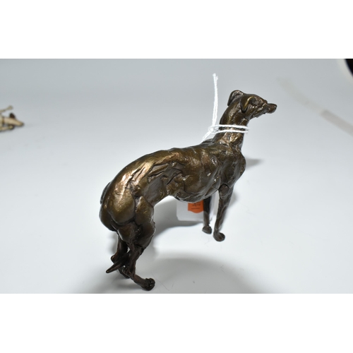 446 - TWO SMALL BRONZE FIGURES OF DOGS, comprising a bronze sculpture of a standing greyhound, height 9cm ... 