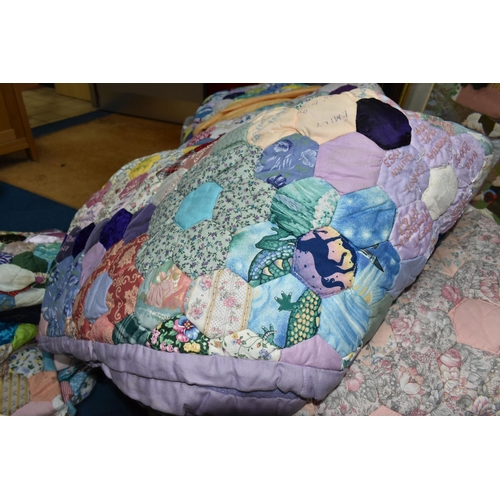 449 - TWO BOXES OF HANDMADE PATCHWORK QUILTED BED COVERS AND FOUR STUMPWORK/EMBROIDERED PICTURES, comprisi... 