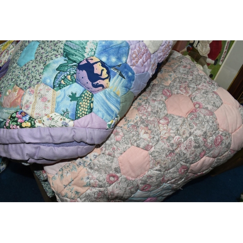 449 - TWO BOXES OF HANDMADE PATCHWORK QUILTED BED COVERS AND FOUR STUMPWORK/EMBROIDERED PICTURES, comprisi... 