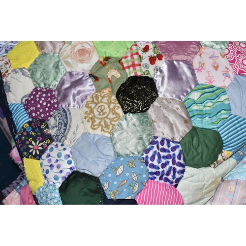 449 - TWO BOXES OF HANDMADE PATCHWORK QUILTED BED COVERS AND FOUR STUMPWORK/EMBROIDERED PICTURES, comprisi... 