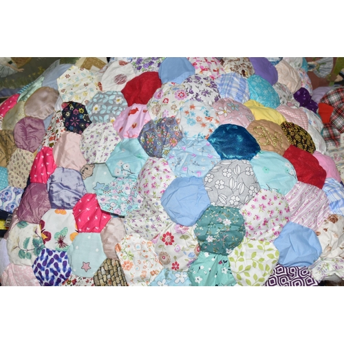 449 - TWO BOXES OF HANDMADE PATCHWORK QUILTED BED COVERS AND FOUR STUMPWORK/EMBROIDERED PICTURES, comprisi... 