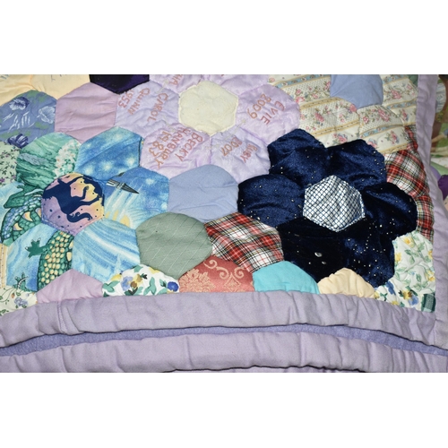 449 - TWO BOXES OF HANDMADE PATCHWORK QUILTED BED COVERS AND FOUR STUMPWORK/EMBROIDERED PICTURES, comprisi... 