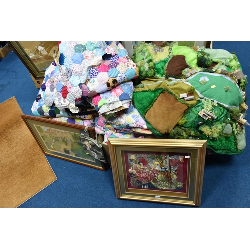 449 - TWO BOXES OF HANDMADE PATCHWORK QUILTED BED COVERS AND FOUR STUMPWORK/EMBROIDERED PICTURES, comprisi... 