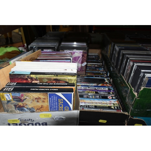 456 - FIVE BOXES OF DVDS, C.DS AND VHS CASSETTES, to include approximately twenty videos, over three hundr... 