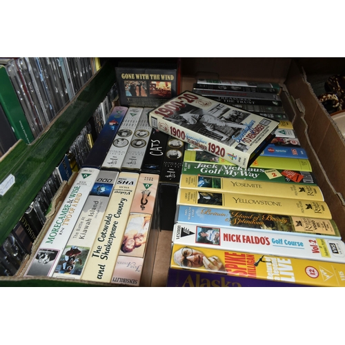 456 - FIVE BOXES OF DVDS, C.DS AND VHS CASSETTES, to include approximately twenty videos, over three hundr... 