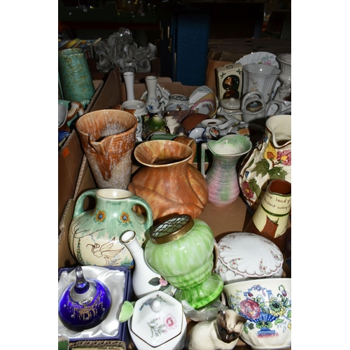 457 - THREE BOXES OF CERAMICS AND MID-CENTURY ORNAMENTS, to include a Wedgwood 'Hathaway Rose' pattern bud... 