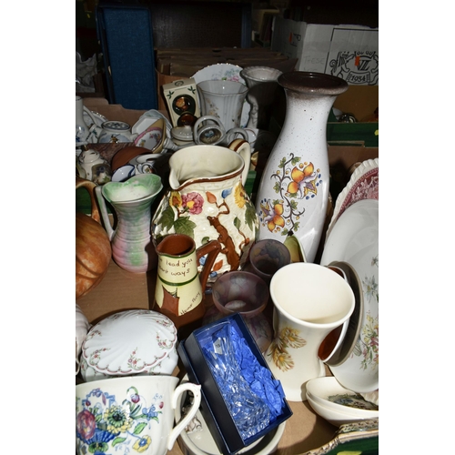 457 - THREE BOXES OF CERAMICS AND MID-CENTURY ORNAMENTS, to include a Wedgwood 'Hathaway Rose' pattern bud... 