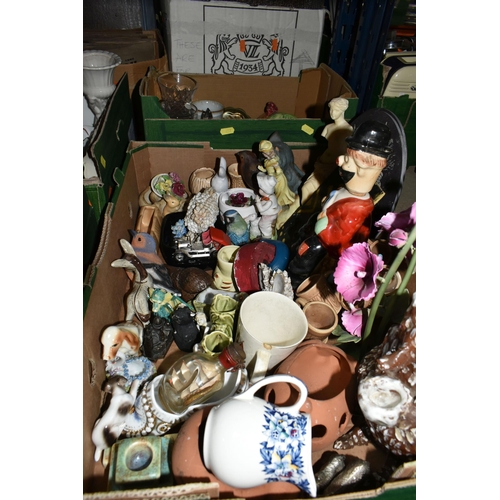 457 - THREE BOXES OF CERAMICS AND MID-CENTURY ORNAMENTS, to include a Wedgwood 'Hathaway Rose' pattern bud... 