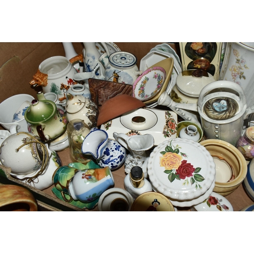 457 - THREE BOXES OF CERAMICS AND MID-CENTURY ORNAMENTS, to include a Wedgwood 'Hathaway Rose' pattern bud... 