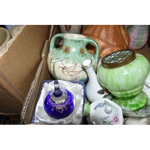 457 - THREE BOXES OF CERAMICS AND MID-CENTURY ORNAMENTS, to include a Wedgwood 'Hathaway Rose' pattern bud... 