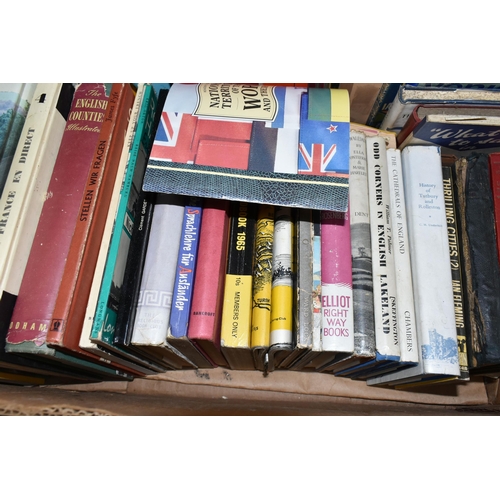 458 - SIX BOXES OF BOOKS, over one hundred mostly hardback books, 1950's and 1960's travel guides, school ... 