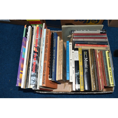 459 - SIX BOXES OF BOOKS, over seventy books and early 20th century piano and organ music, guides on teach... 