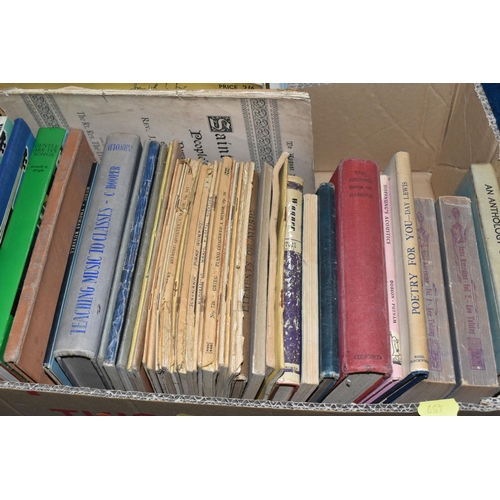 459 - SIX BOXES OF BOOKS, over seventy books and early 20th century piano and organ music, guides on teach... 