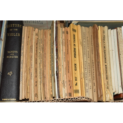 459 - SIX BOXES OF BOOKS, over seventy books and early 20th century piano and organ music, guides on teach... 