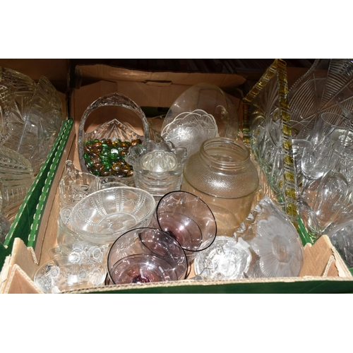 464 - FIVE BOXES OF GLASSWARE, to include a mid-century blue and gilt lemonade set, cocktail shaker, decan... 