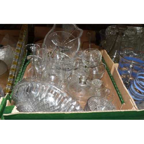 464 - FIVE BOXES OF GLASSWARE, to include a mid-century blue and gilt lemonade set, cocktail shaker, decan... 