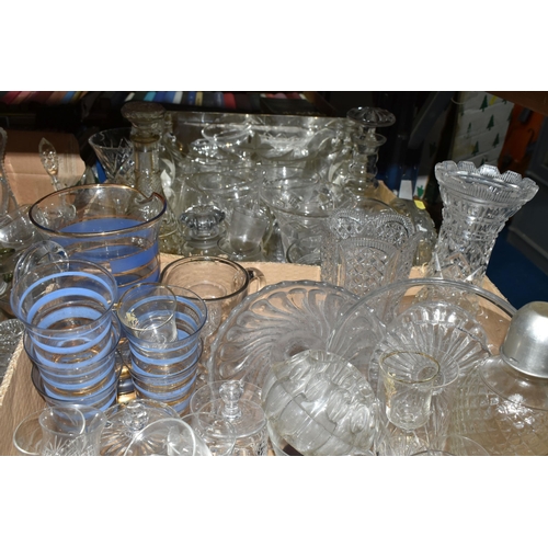 464 - FIVE BOXES OF GLASSWARE, to include a mid-century blue and gilt lemonade set, cocktail shaker, decan... 