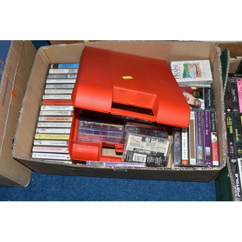 466 - FIVE BOXES OF TAPE CASSETTES, FRAMED PRINTS AND VINTAGE CAMERAS, to include a Kodak Coloursnap 35 ca... 