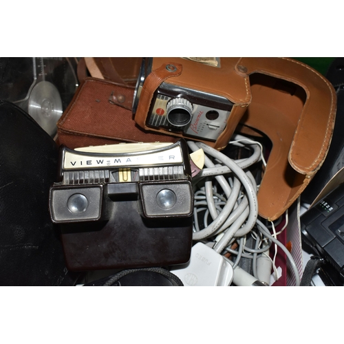 473 - THREE BOXES OF VINTAGE CAMERAS AND AUDIO EQUIPMENT, to include a Sony cassette recorder/player in or... 