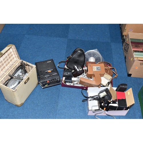 473 - THREE BOXES OF VINTAGE CAMERAS AND AUDIO EQUIPMENT, to include a Sony cassette recorder/player in or... 