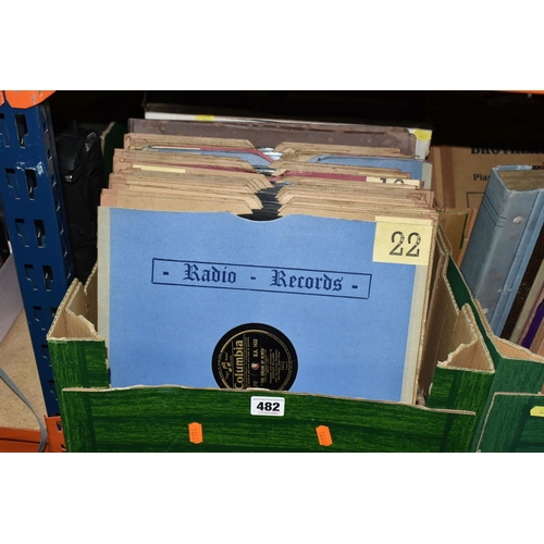 482 - FIVE BOXES AND ONE CASE OF 78RPM GRAMOPHONE RECORDS, to include over eighty records, His Masters Voi... 