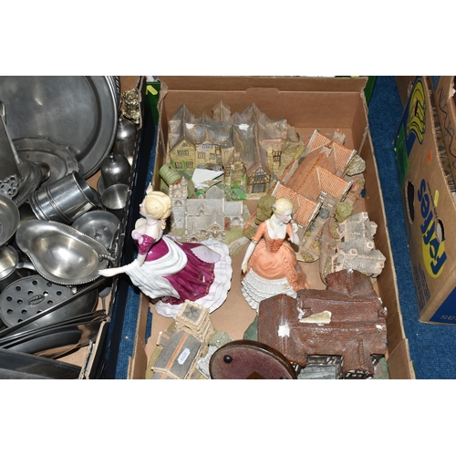 486 - THREE BOXES OF PEWTERWARE AND CERAMICS, to include pewter platters, chamber stick, a German pewter s... 