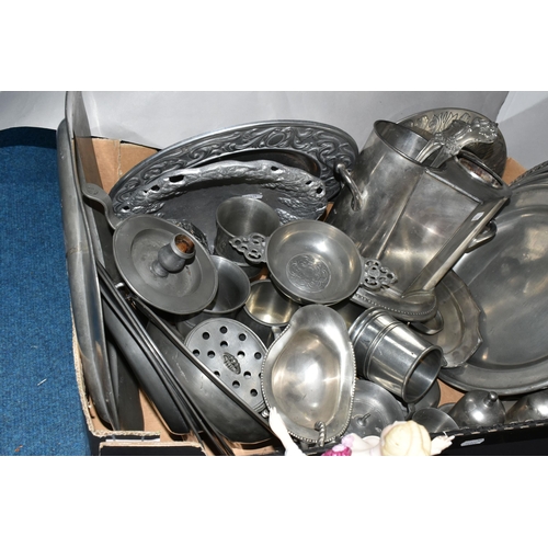 486 - THREE BOXES OF PEWTERWARE AND CERAMICS, to include pewter platters, chamber stick, a German pewter s... 