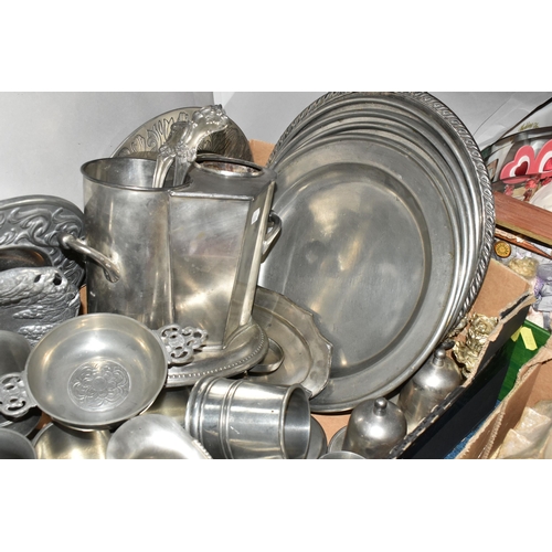 486 - THREE BOXES OF PEWTERWARE AND CERAMICS, to include pewter platters, chamber stick, a German pewter s... 