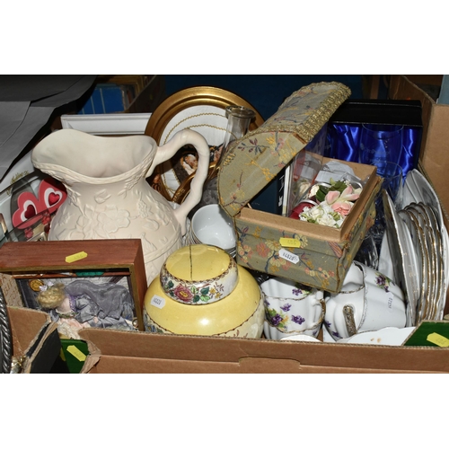 486 - THREE BOXES OF PEWTERWARE AND CERAMICS, to include pewter platters, chamber stick, a German pewter s... 