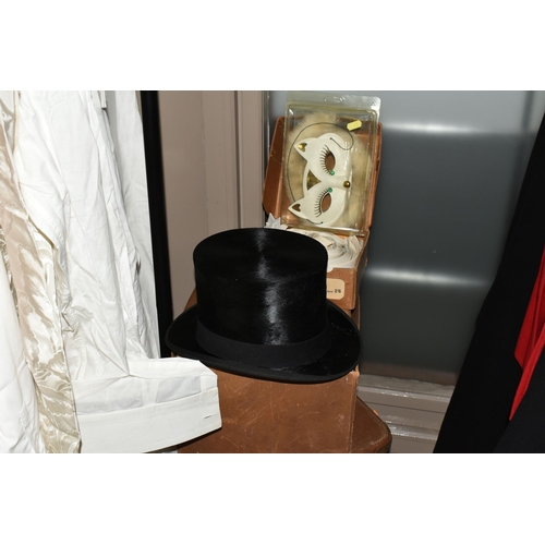 491 - A QUANTITY OF VINTAGE CLOTHING AND ACCESSORIES, comprising a gentleman's 'Thomas Ibbotson' top hat i... 