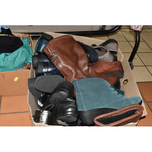 492 - TWO BOXES AND ONE RAIL OF CLOTHING AND ACCESSORIES, to include a quantity of ladies suits and jacket... 