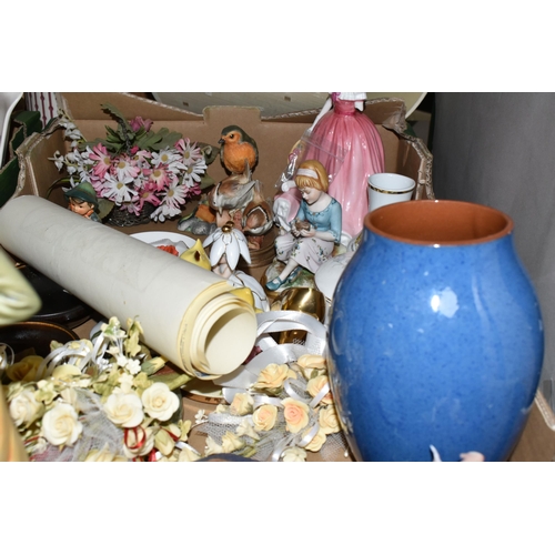 502 - THREE BOXES AND LOOSE ORNAMENTS, GLASS WARES AND LAMPS ETC, to include Royal Doulton and Caithness p... 