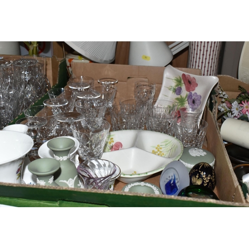 502 - THREE BOXES AND LOOSE ORNAMENTS, GLASS WARES AND LAMPS ETC, to include Royal Doulton and Caithness p... 