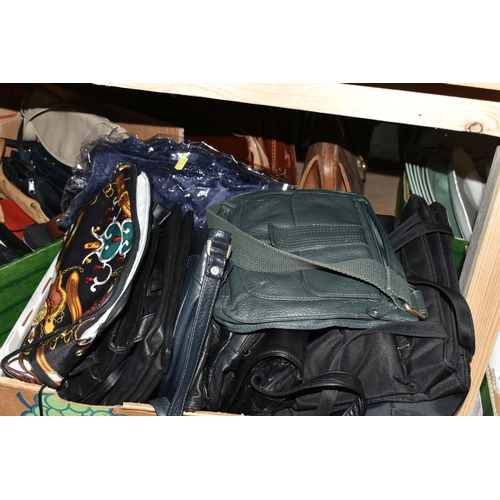 507 - TWO BOXES OF HANDBAGS, GLOVES AND SCRAVES, to include a quantity of ladies leather handbags, two bro... 