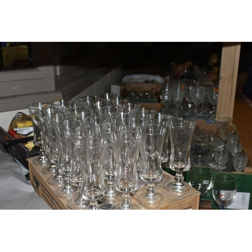 508 - NINE BOXES OF GLASSWARE, to include 1950's cocktail glasses, boxed sets of Ravenhead glasses, Pyrex ... 