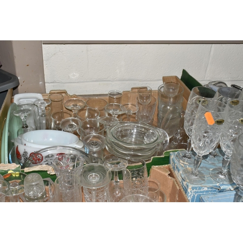 508 - NINE BOXES OF GLASSWARE, to include 1950's cocktail glasses, boxed sets of Ravenhead glasses, Pyrex ... 