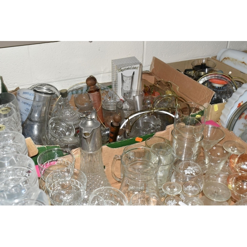 508 - NINE BOXES OF GLASSWARE, to include 1950's cocktail glasses, boxed sets of Ravenhead glasses, Pyrex ... 