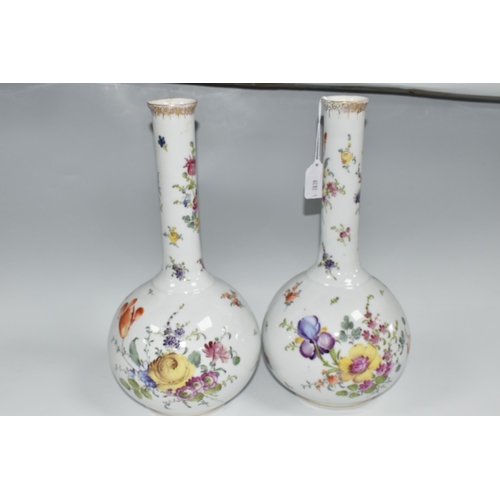 509 - A PAIR OF PFVA DRESDEN STYLE ONION SHAPED VASES HAND PAINTED WITH DEUTCHE BLUMEN, gilt rims, painted... 